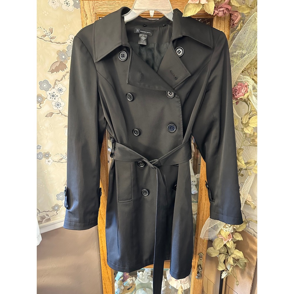 INC International Concepts Black Double Breasted Belted Trench Coat Womens Large